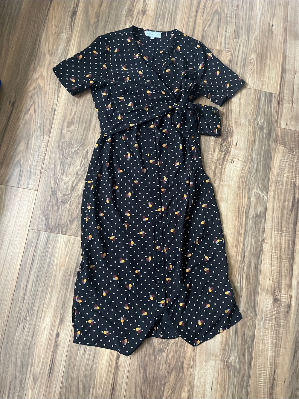 Black Polka Dot Midi Wrap Dress Button Down with Geo Hearts